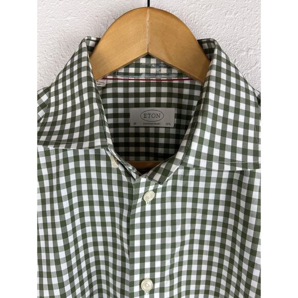 ETON Contemporary Medium Green Checkered Long Sleeve Button Up Cotton Shirt - Picture 2 of 6